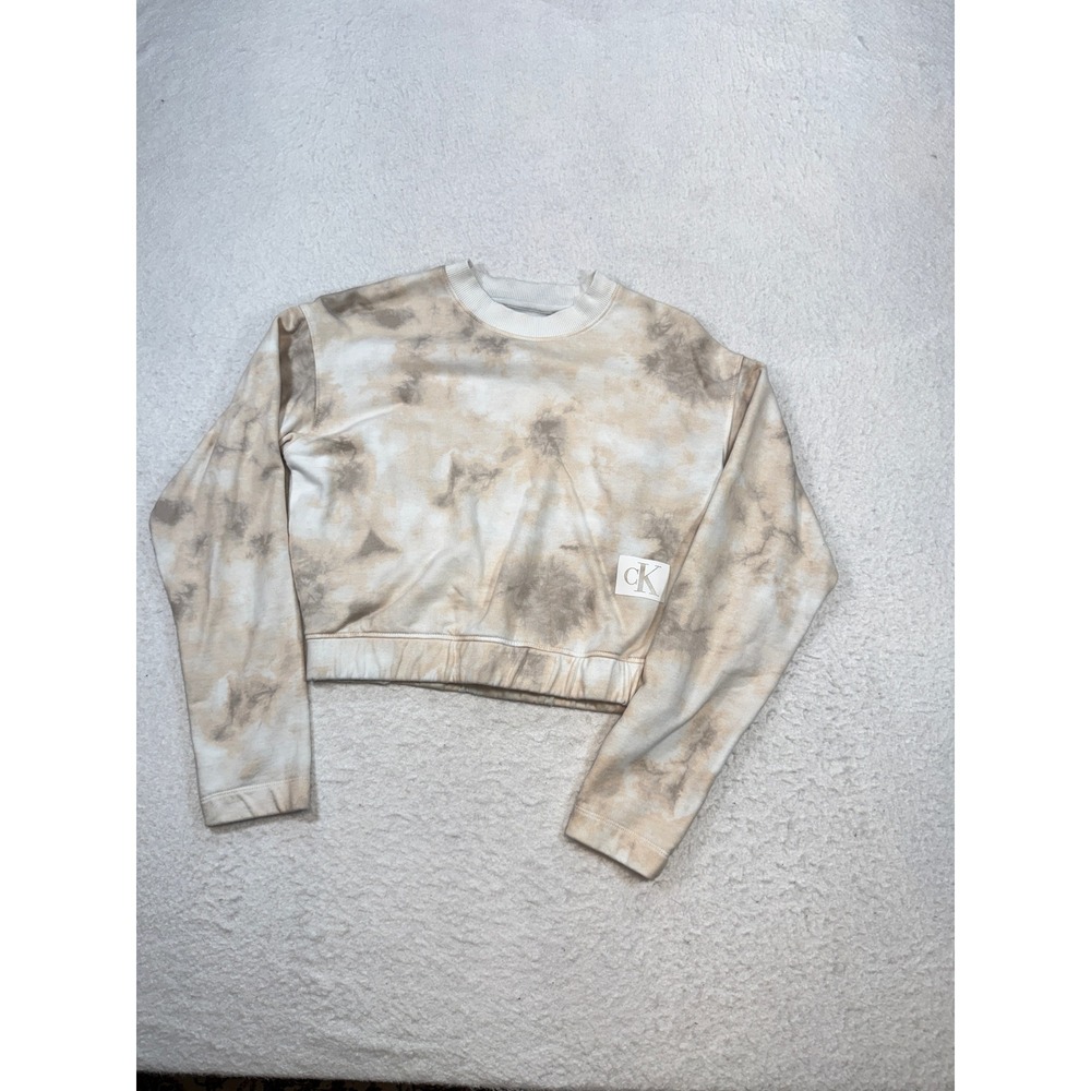 Calvin Klein Jeans Womens Medium Tie Dye Cropped Sweatshirt Tan Cream Crew Neck